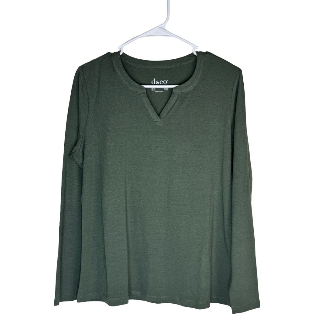 Denim & Co Essentials Top Womens Small Olive Green Long Sleeve Split V-Neck Tee
